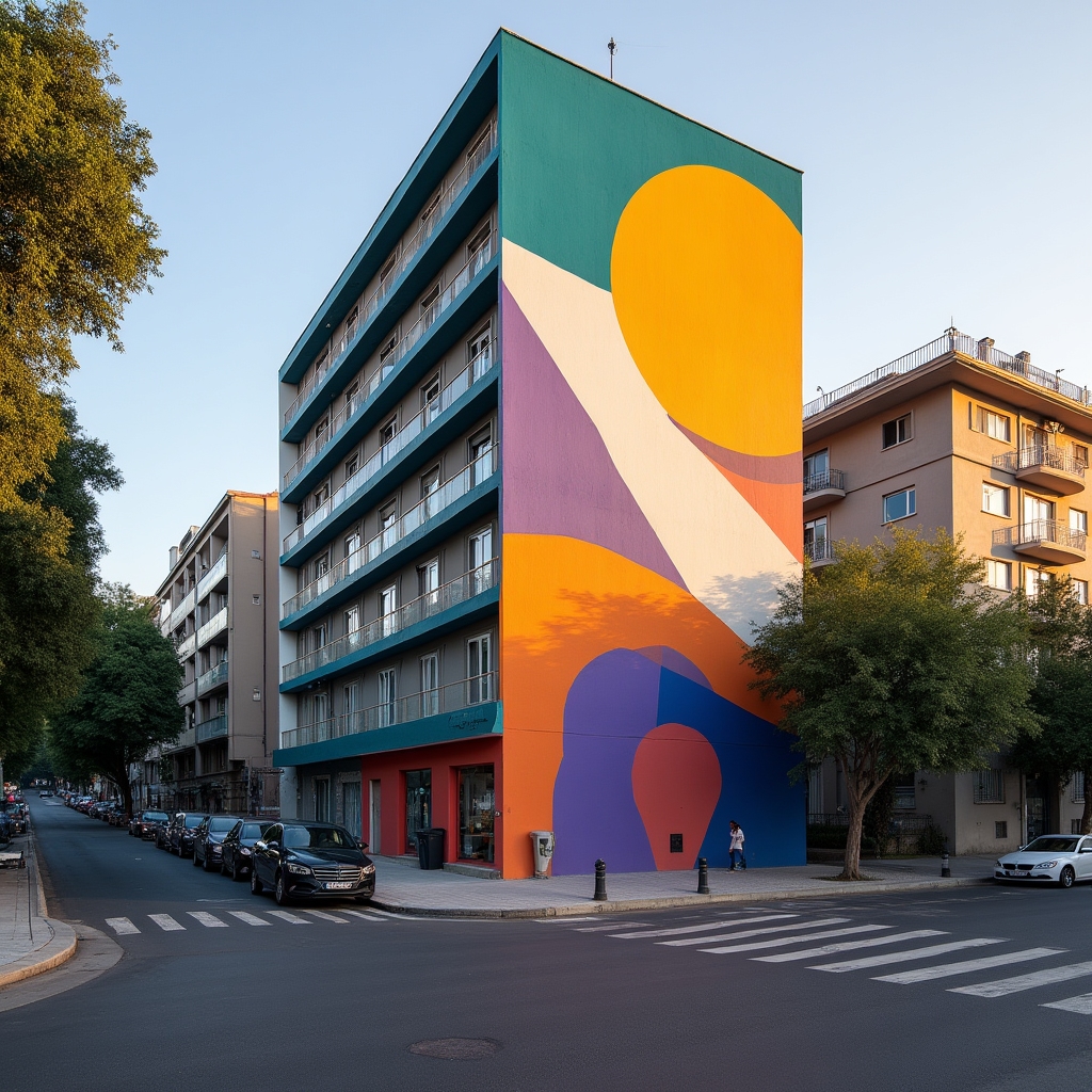 Large-scale artistic mural painted on an Argentine building party wall showing vibrant colours and abstract geometric design transforming the urban streetscape