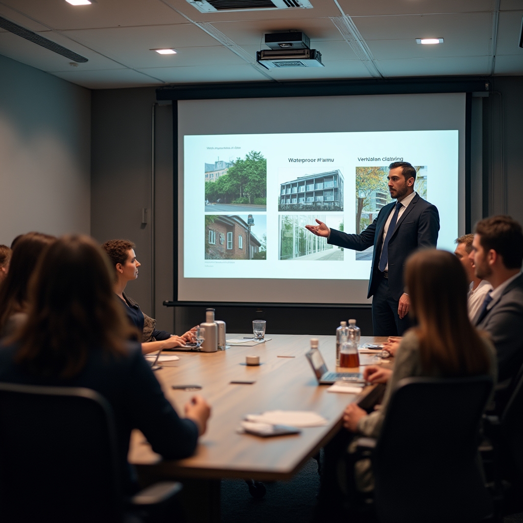 Professional presenting party wall treatment options to a building consortium assembly with projected visual simulations