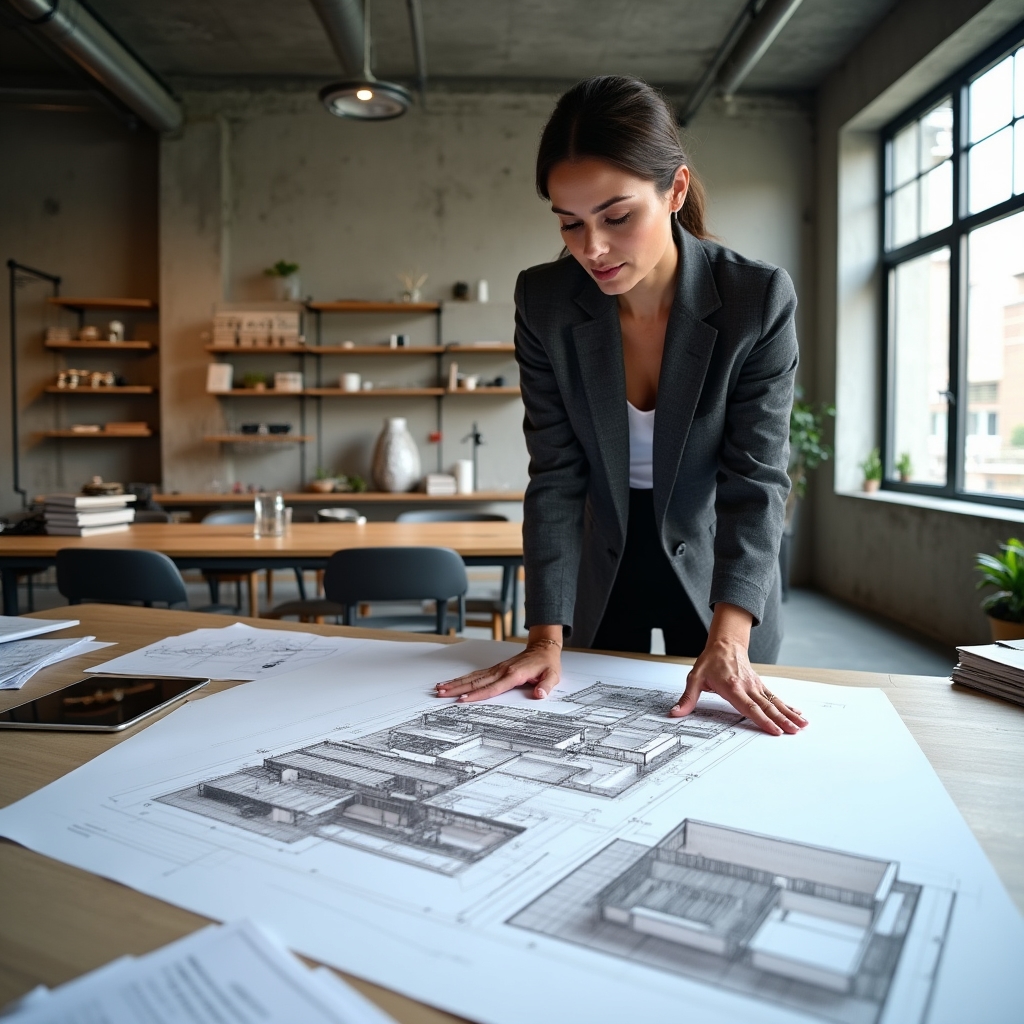 Property developer reviewing architectural plans for a new residential building project showing party wall specifications