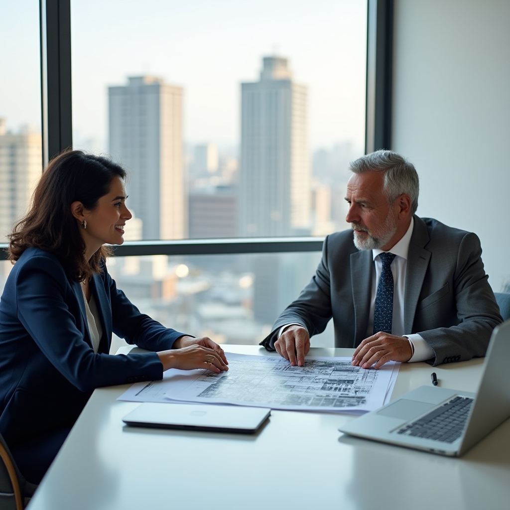 Consultant discussing party wall project with building administrator in an office setting