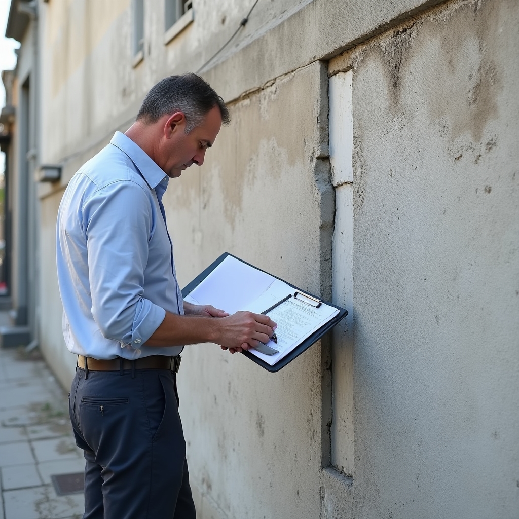 Technical inspection of a building party wall showing moisture damage and render deterioration in an Argentine urban setting