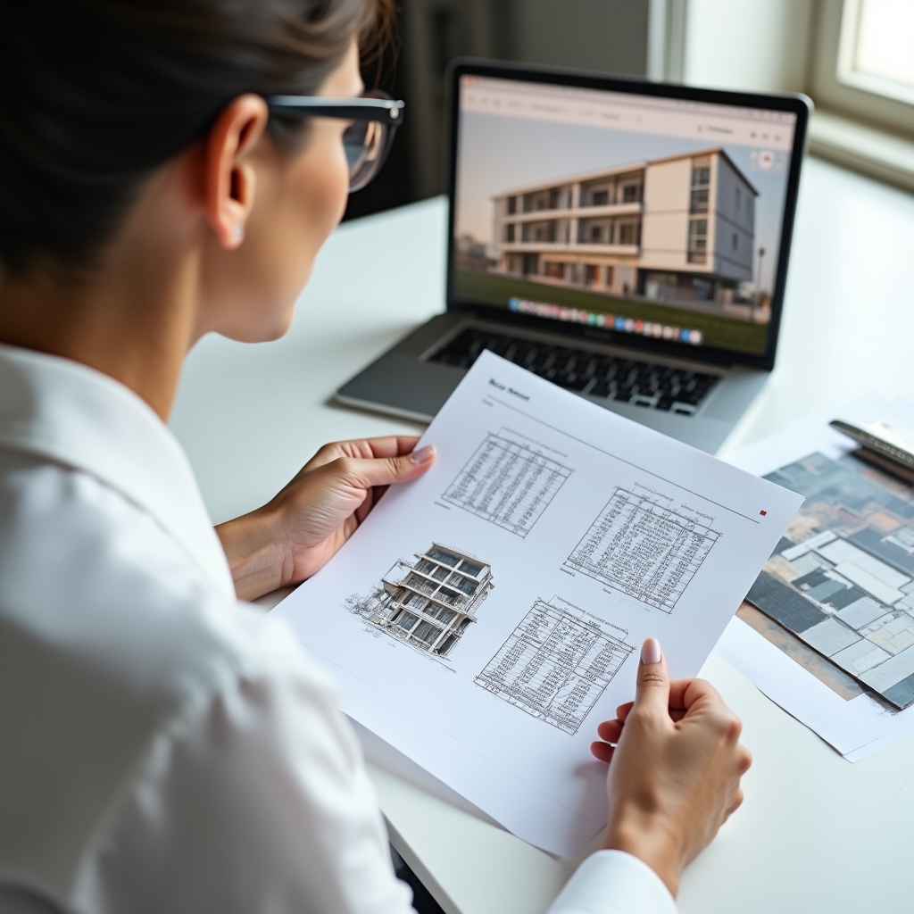 Architect reviewing party wall finishing proposal documents with comparative budget sheets on a modern desk