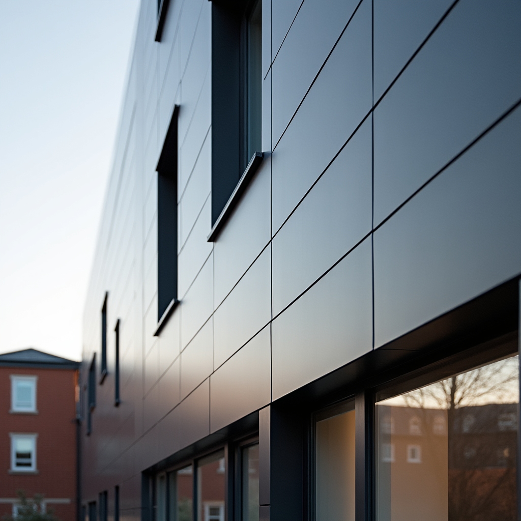 Modern ventilated facade cladding system installed on a building exterior showing composite panel installation with visible air gap for moisture control