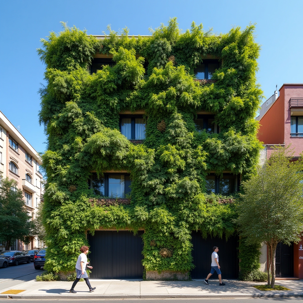Lush vertical garden covering a building party wall in an Argentine city showing modular planting system with diverse green plants creating a living facade