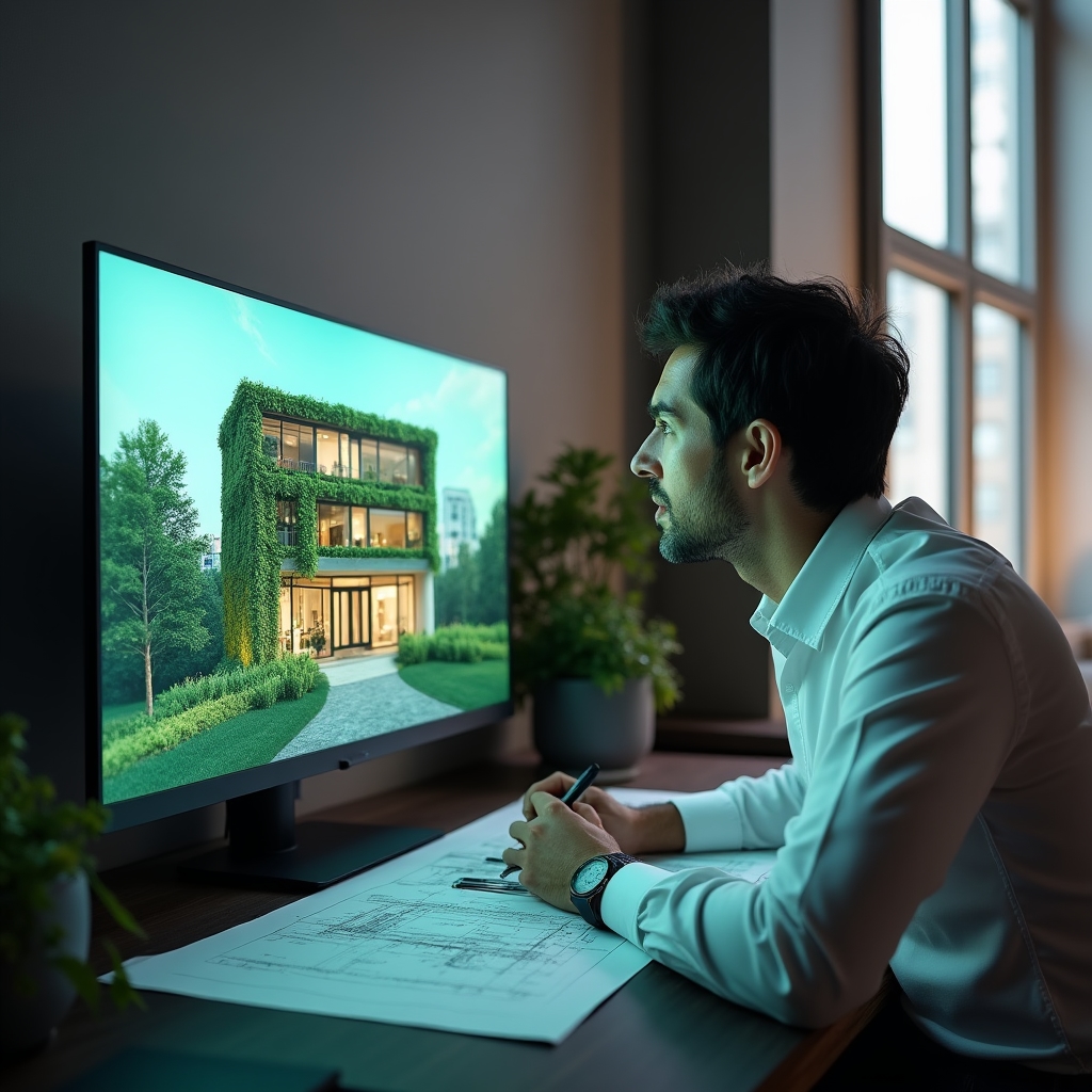 Visual simulation showing a party wall transformed with a vertical garden treatment on a residential building